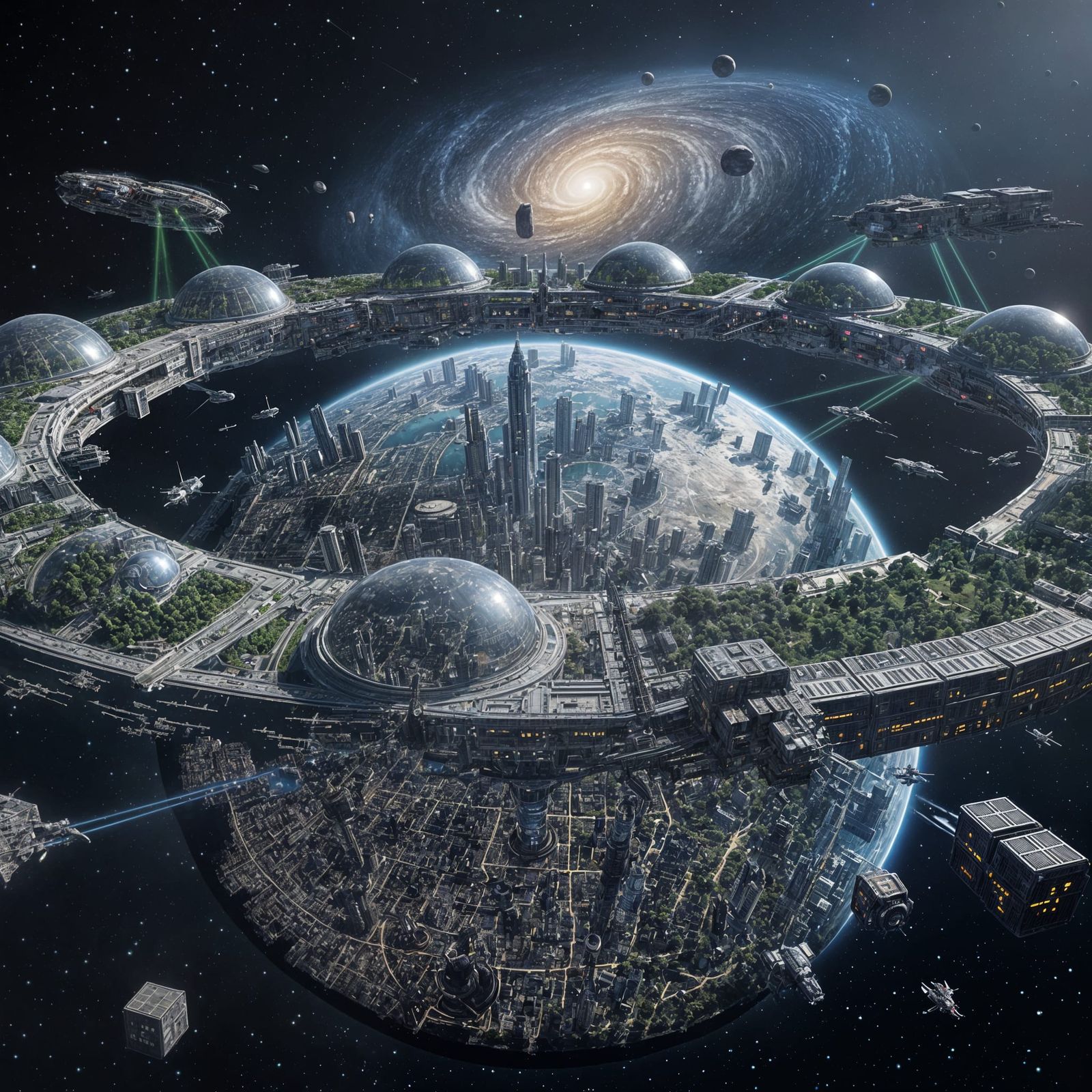 Futuristic City Planet With Ring Space Station