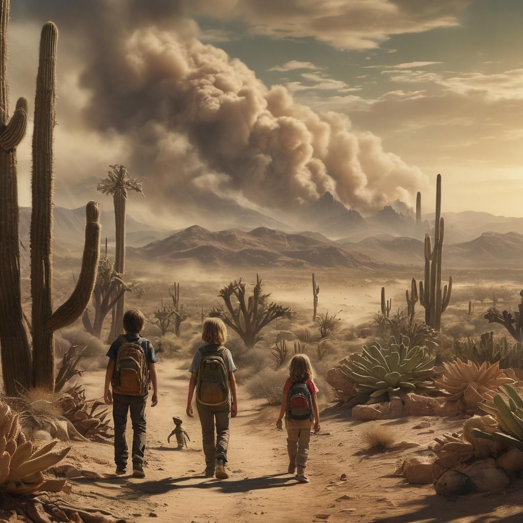 Movie poster featuring stunning sandstorm, children hiding n...