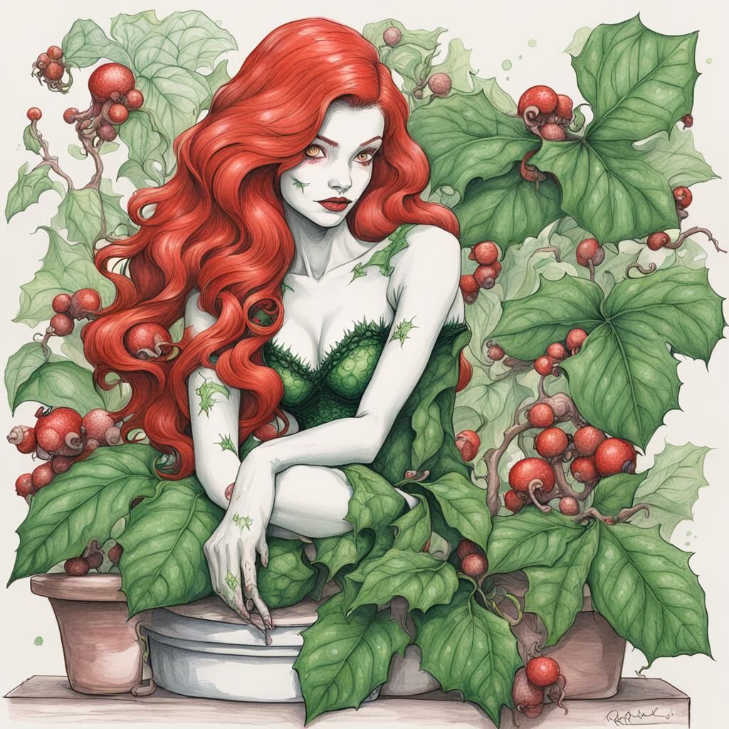Poison Ivy Botanical Ink Drawing with Pastel Colors