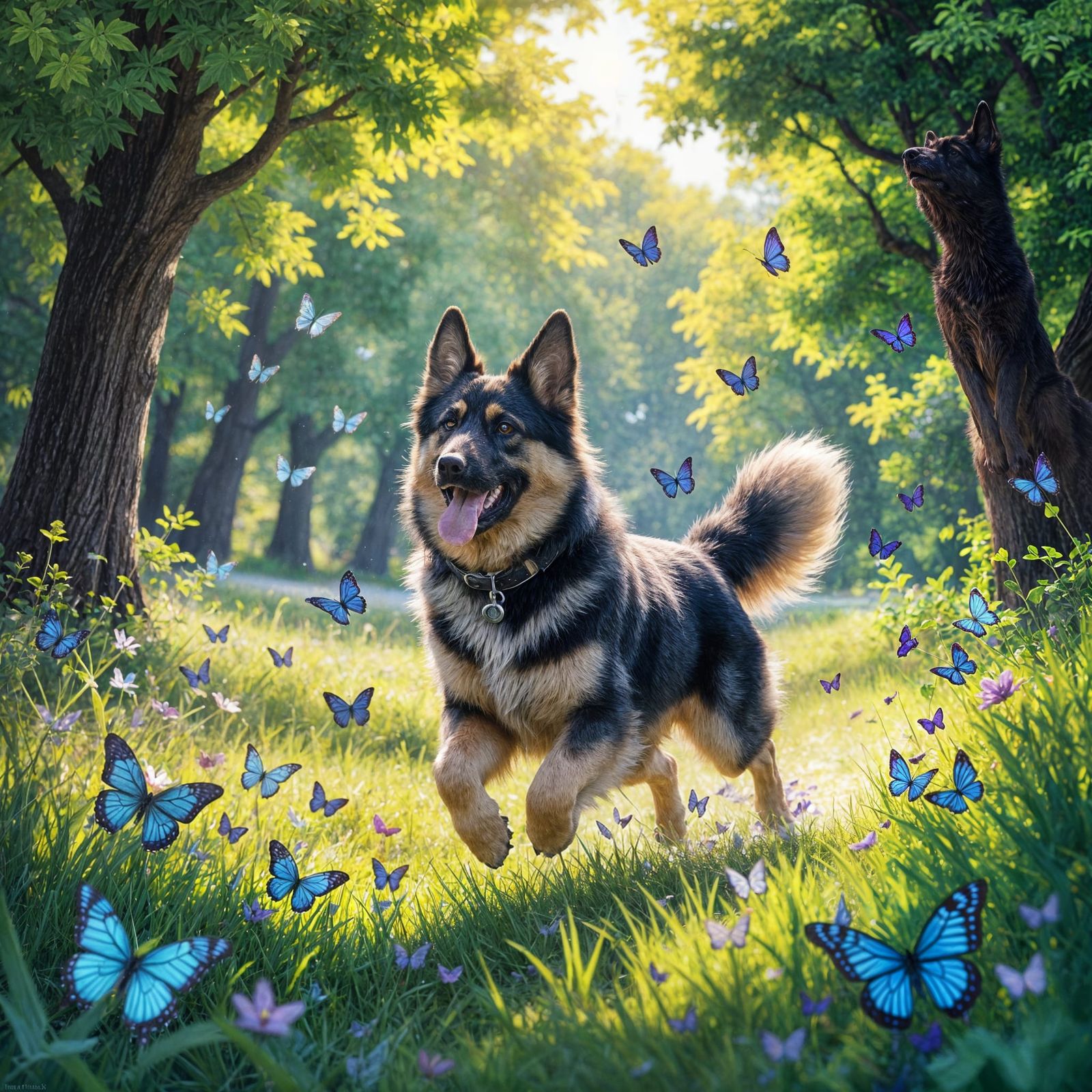 German Shepherd's Butterfly Chase in Sunny Park