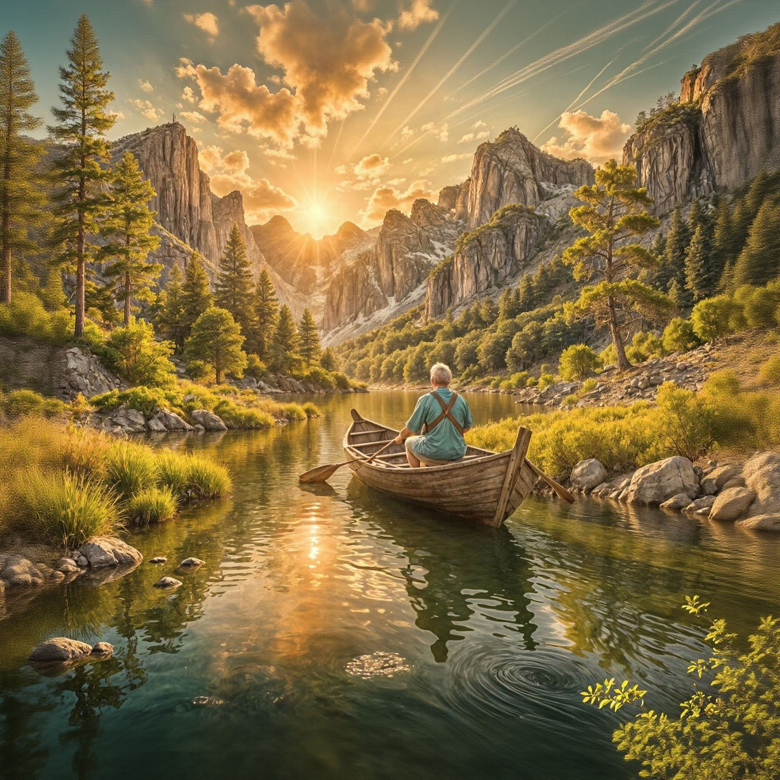 Elderly Man Rowing Boat in Epic Fantasy Landscape