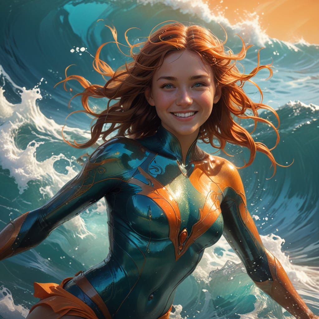 Surreal Hyperrealistic Surfer in Vibrant Splash Art