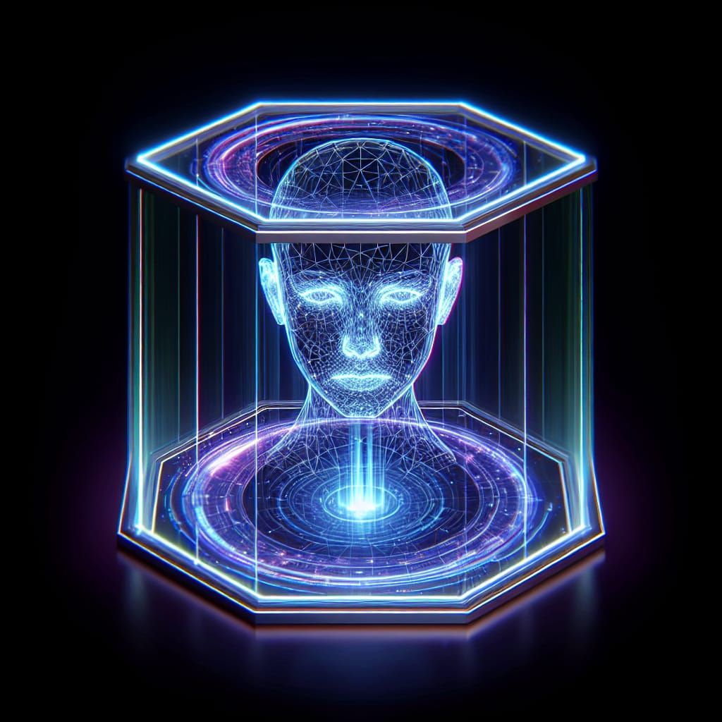 3d hologram of a face in an octabin, illuminated from below with led lights, uhd