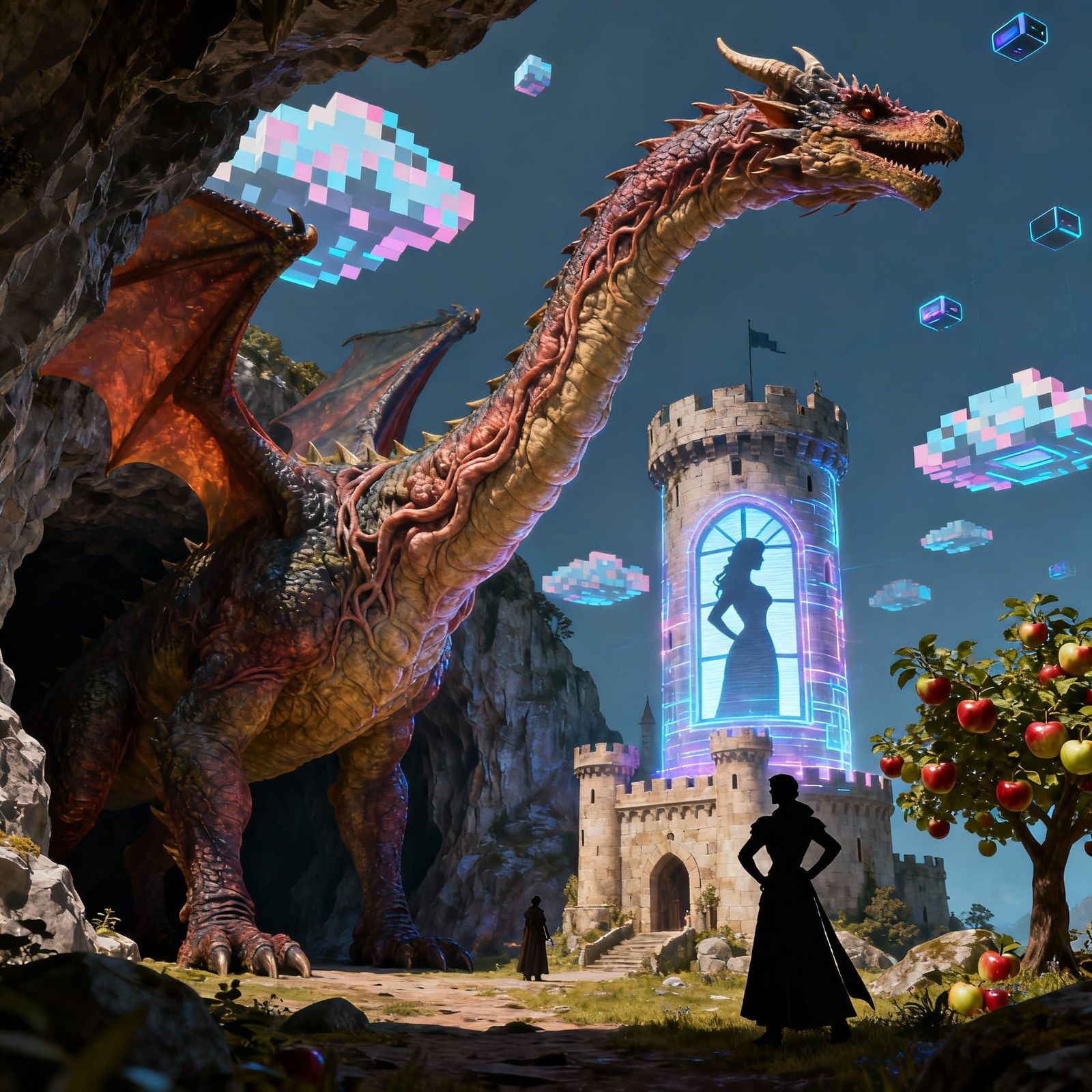 Dragon Guarding Castle Cave in Medieval Fantasy Scene