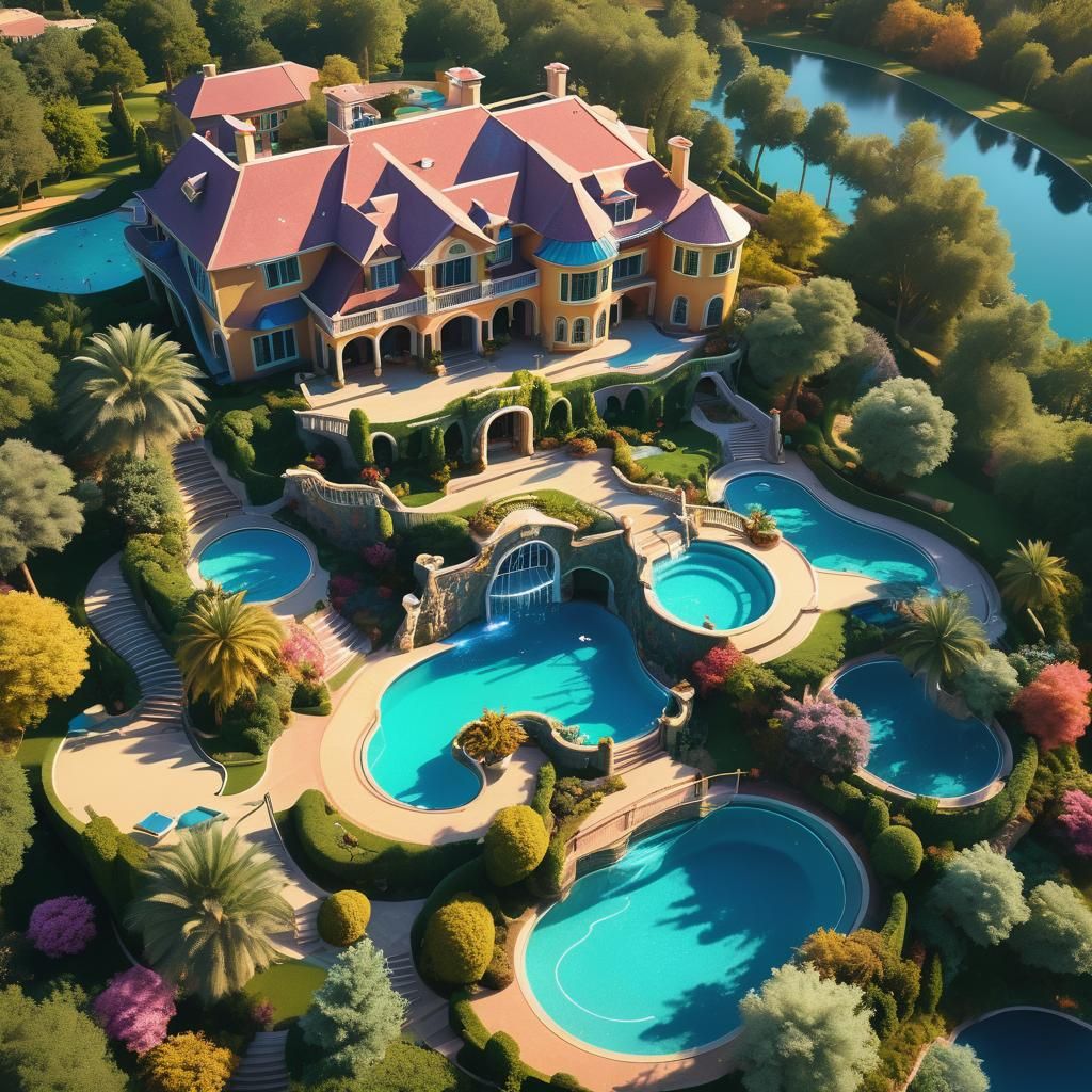 Whimsical Fantasy Estate with Waterslides and Courts