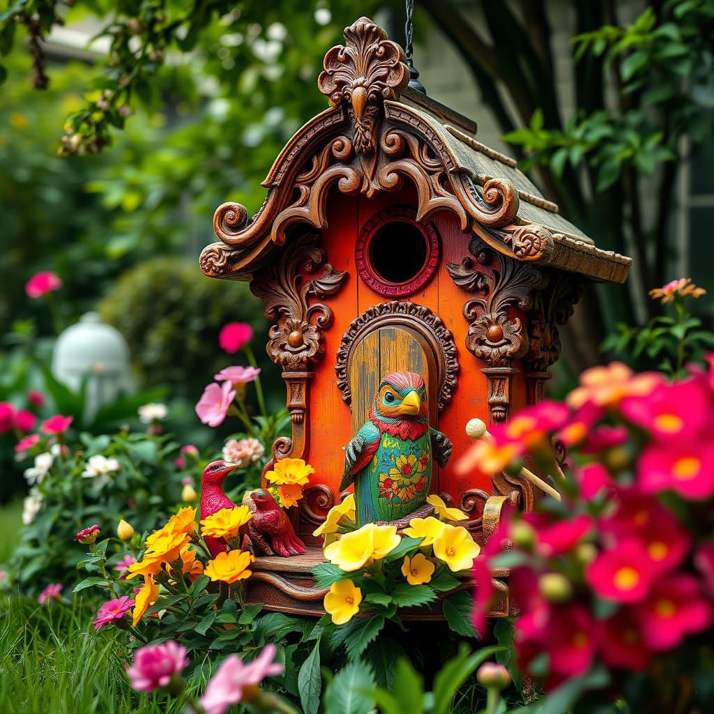 Ornate Birdhouse in Lush Yard, Cinematic HDR