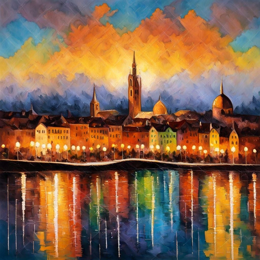 Glowing City at Night as Oil Painting