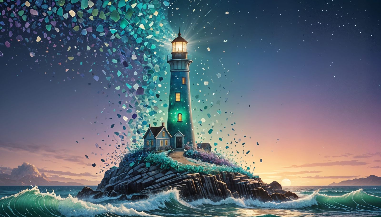 Whimsical Sea Glass Lighthouse Sparkles in Storybook Style