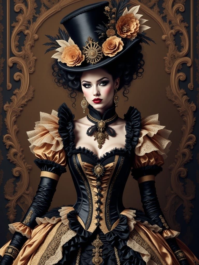 Ecopunk Rococo Woman in Mad Hatter Fashion