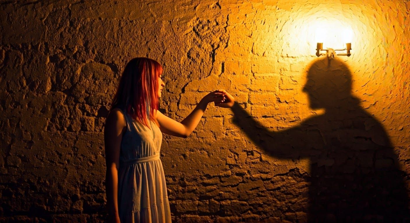 Surreal Double Exposure of a Young Woman Extends Hand to Gra...