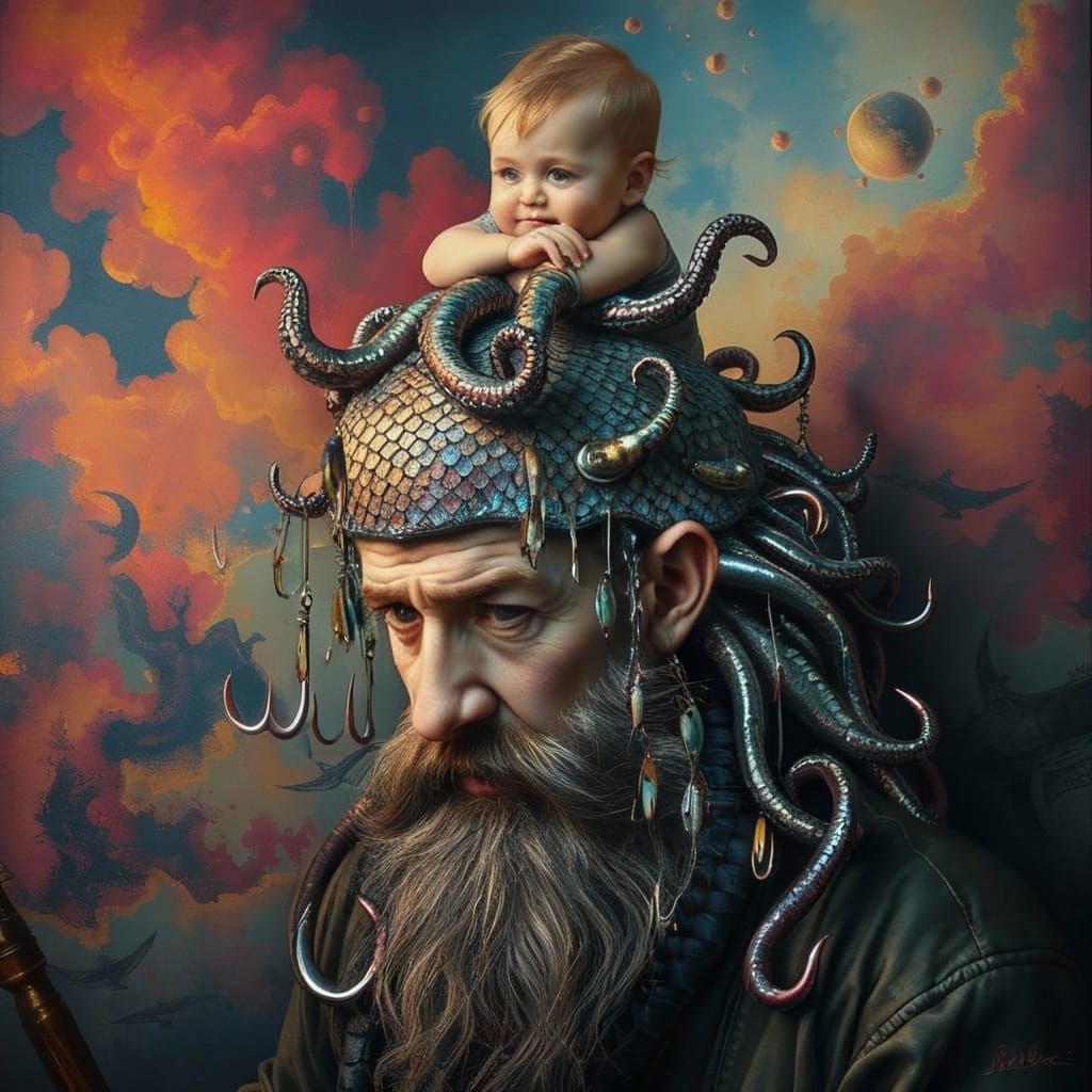 Dürer Inspired Fisherman with Octopus Child, Visionary Art