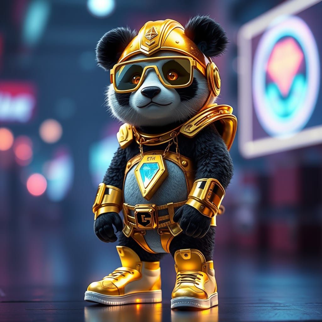 Panda in Gold Armor with Neon Lights, Digital Art