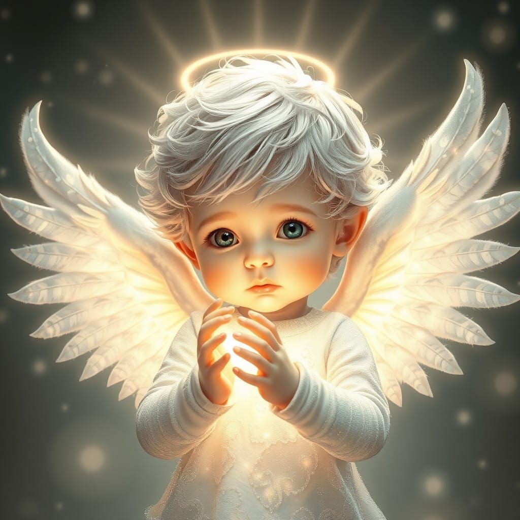 Serene Boy Angel Radiates Heavenly Glow with Ethereal Silver...