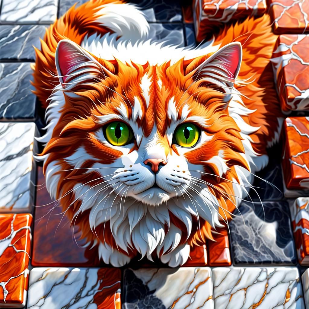 Hyperrealistic Fluffy Cat with Marble and Glass Textures