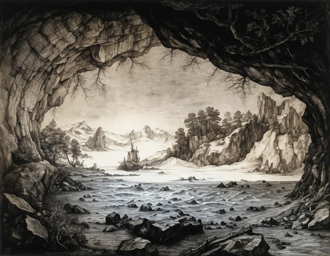 Hyperdetailed Charcoal Drawing: Cave Entrance