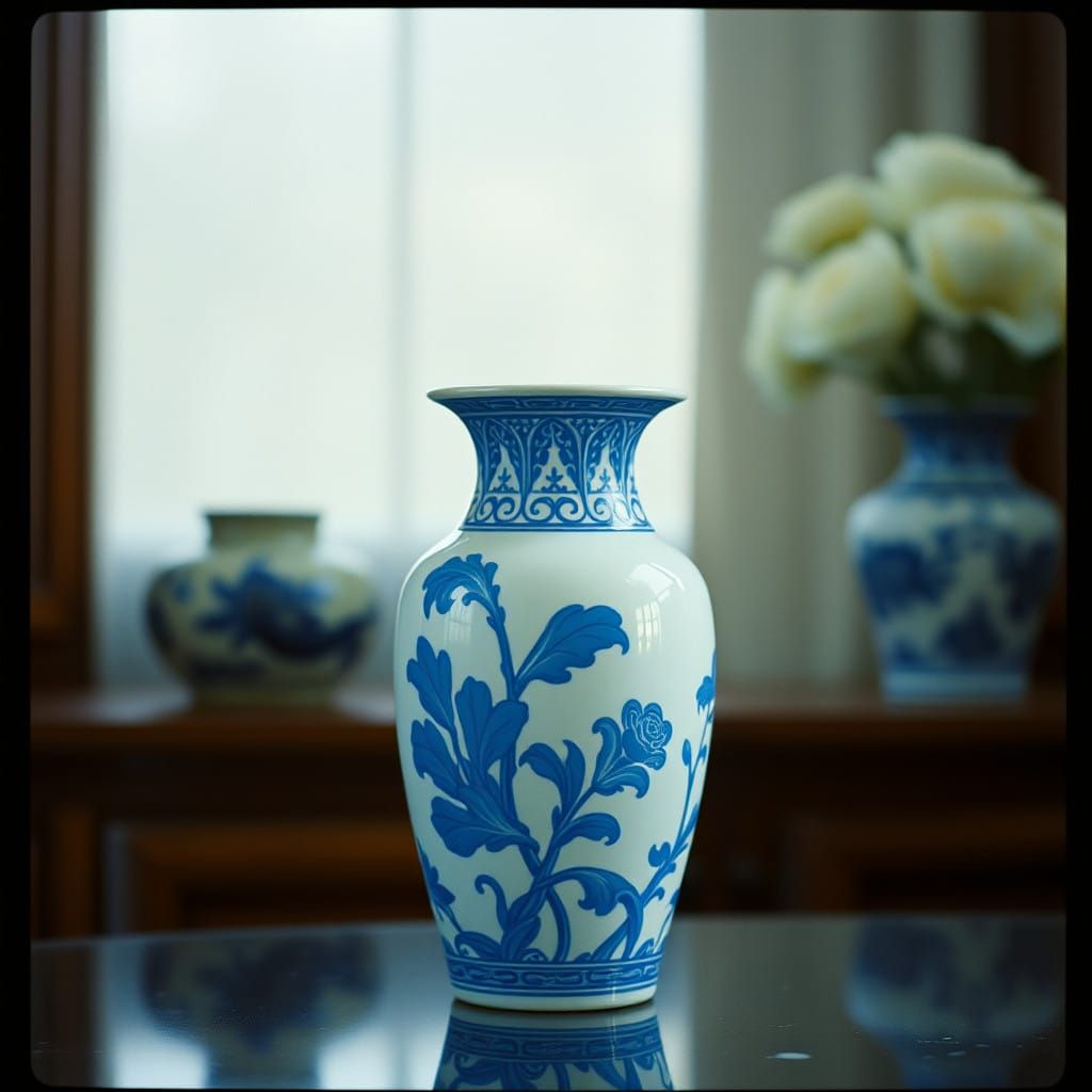 Vintage Blue and White Wedgewood Vase in Cinematic Lighting