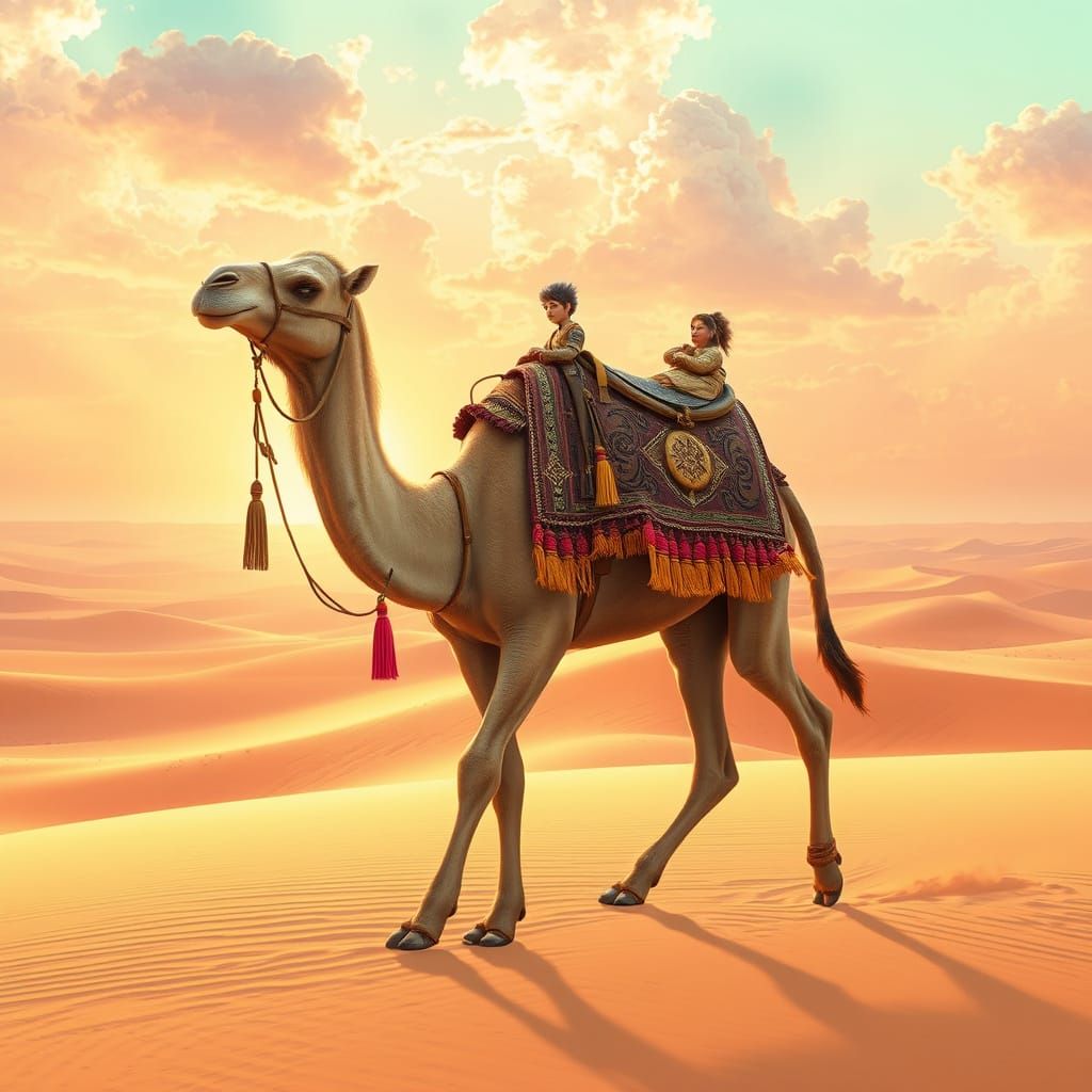 Semi-Realistic Camel Embarks on Desert Sunrise Adventure