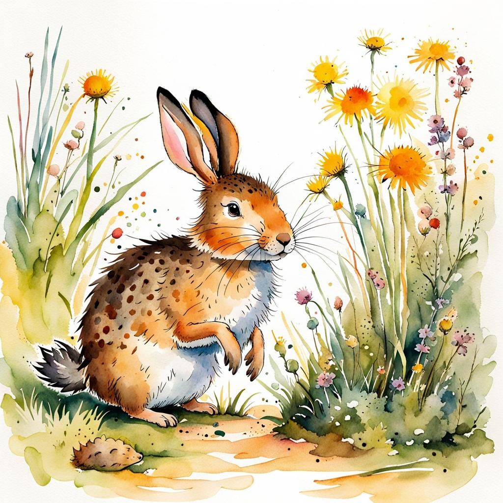 Hare and Hedgehog Race: Watercolor Illustration