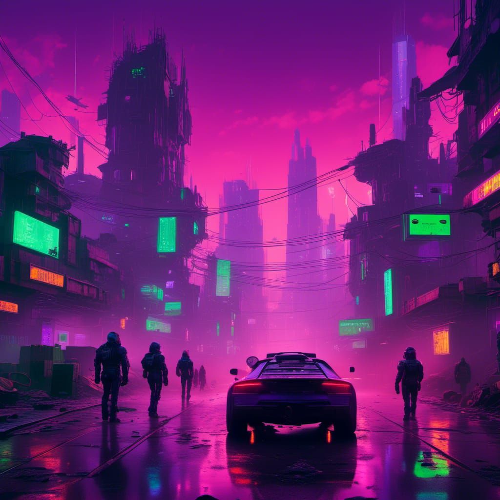 Cyberpunk City Street with Robot Drones