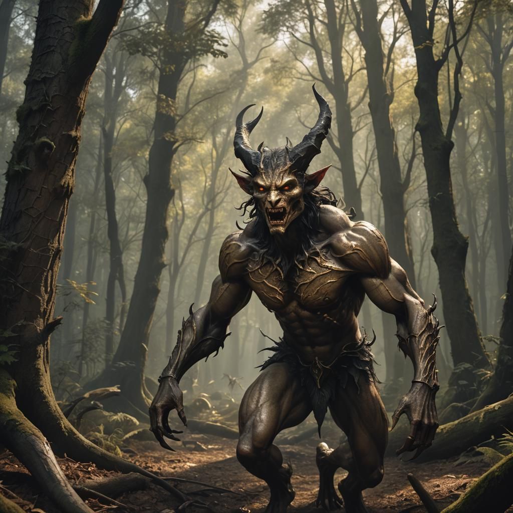 Incubus in Shadowy Forest: Hyperrealistic Allure