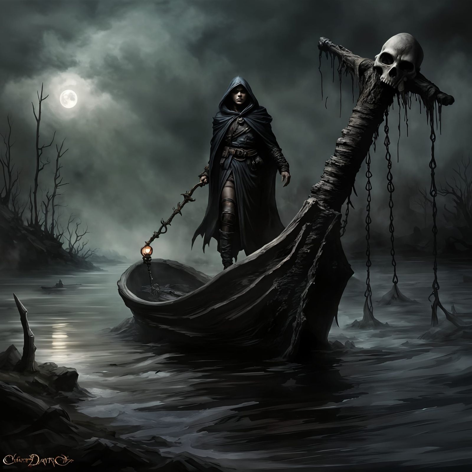 Dark Fantasy Wanderer Awaits River Passage