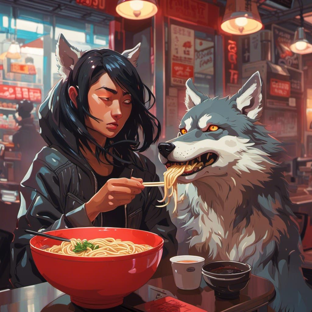 Cyberpunk Wolf Slurping Ramen Noodles
