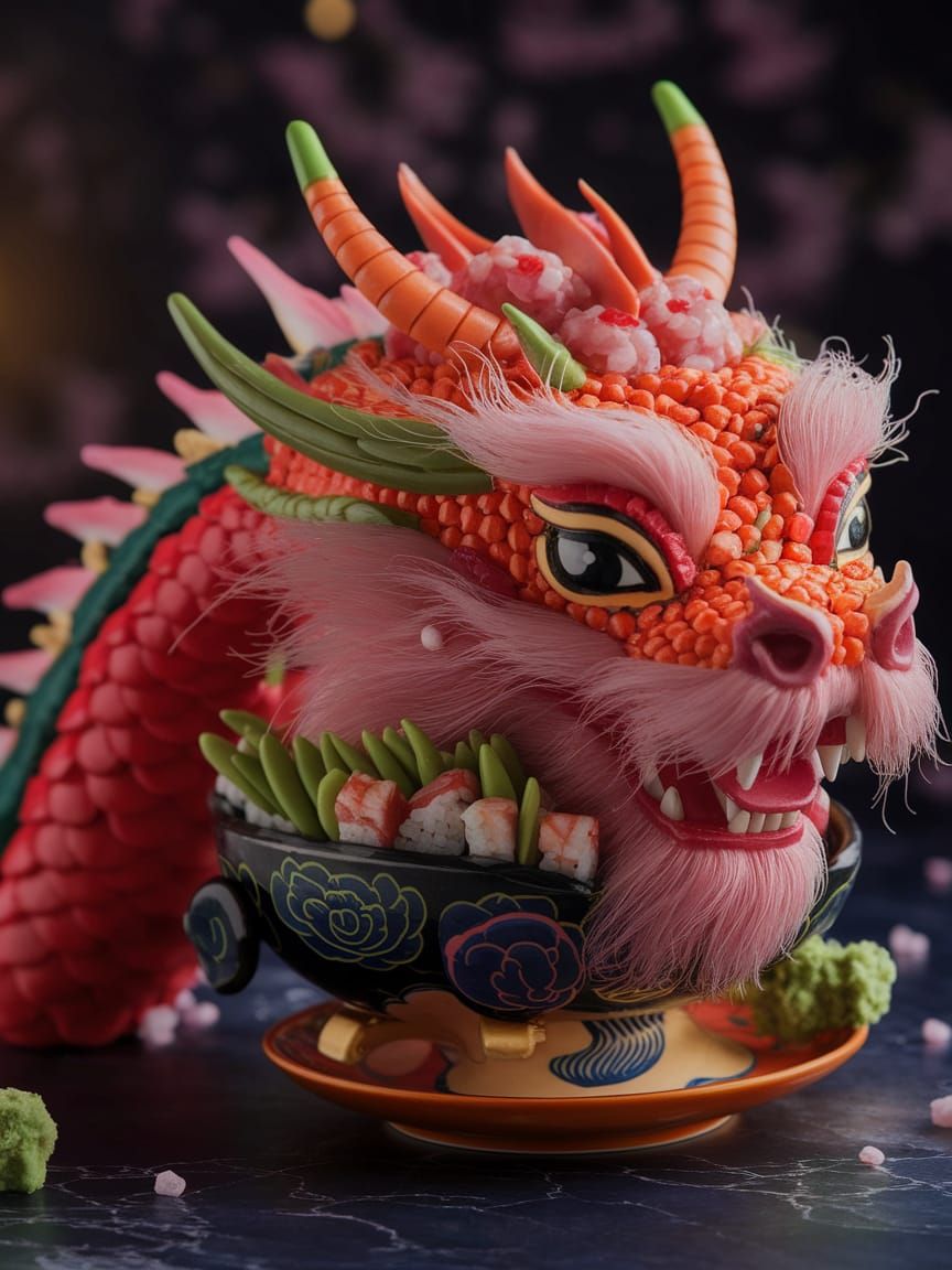 A majestic dragon head, exquisitely crafted from an array of...