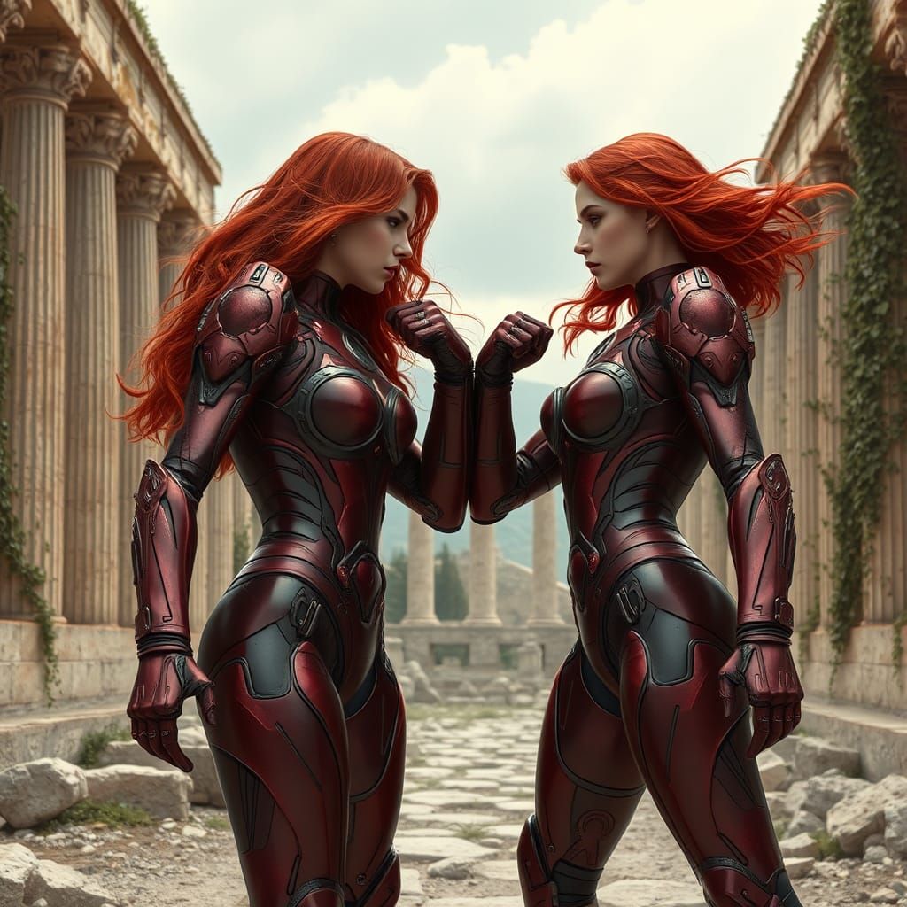 Red-Haired Mecha Women Stare-Down in Ancient Greek Ruins