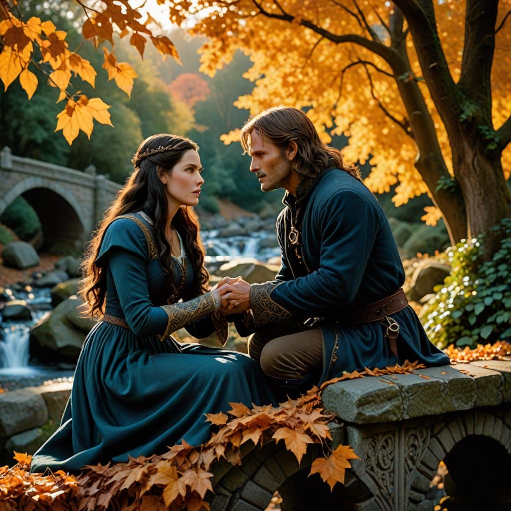 Arwen and Aragorn Sit on Rivendell Bridge in Autumn