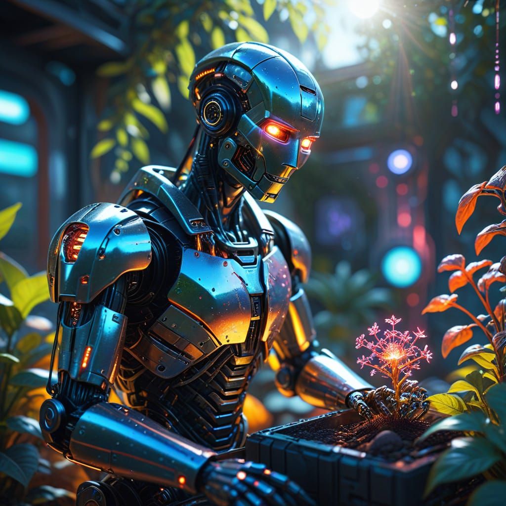 Robot Plants Seeds in Futuristic Garden, Sci-Fi Art