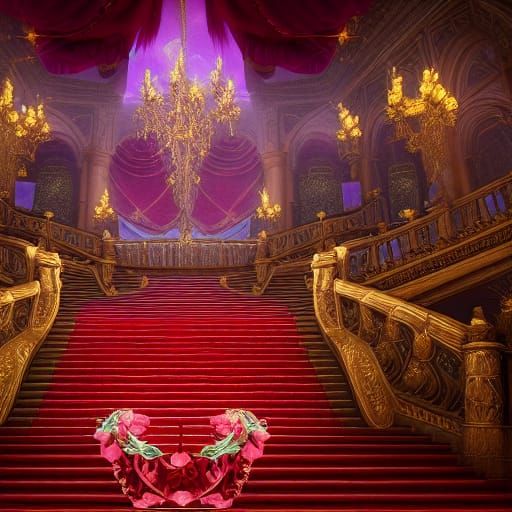 Majestic Castle Staircase with Rose Petals