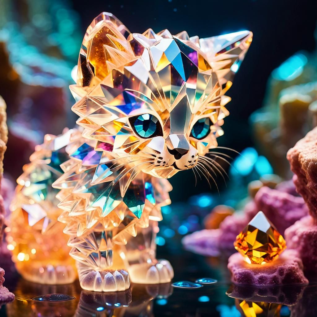 Crystal Kitten in Cave with Crochet Yarn Hair