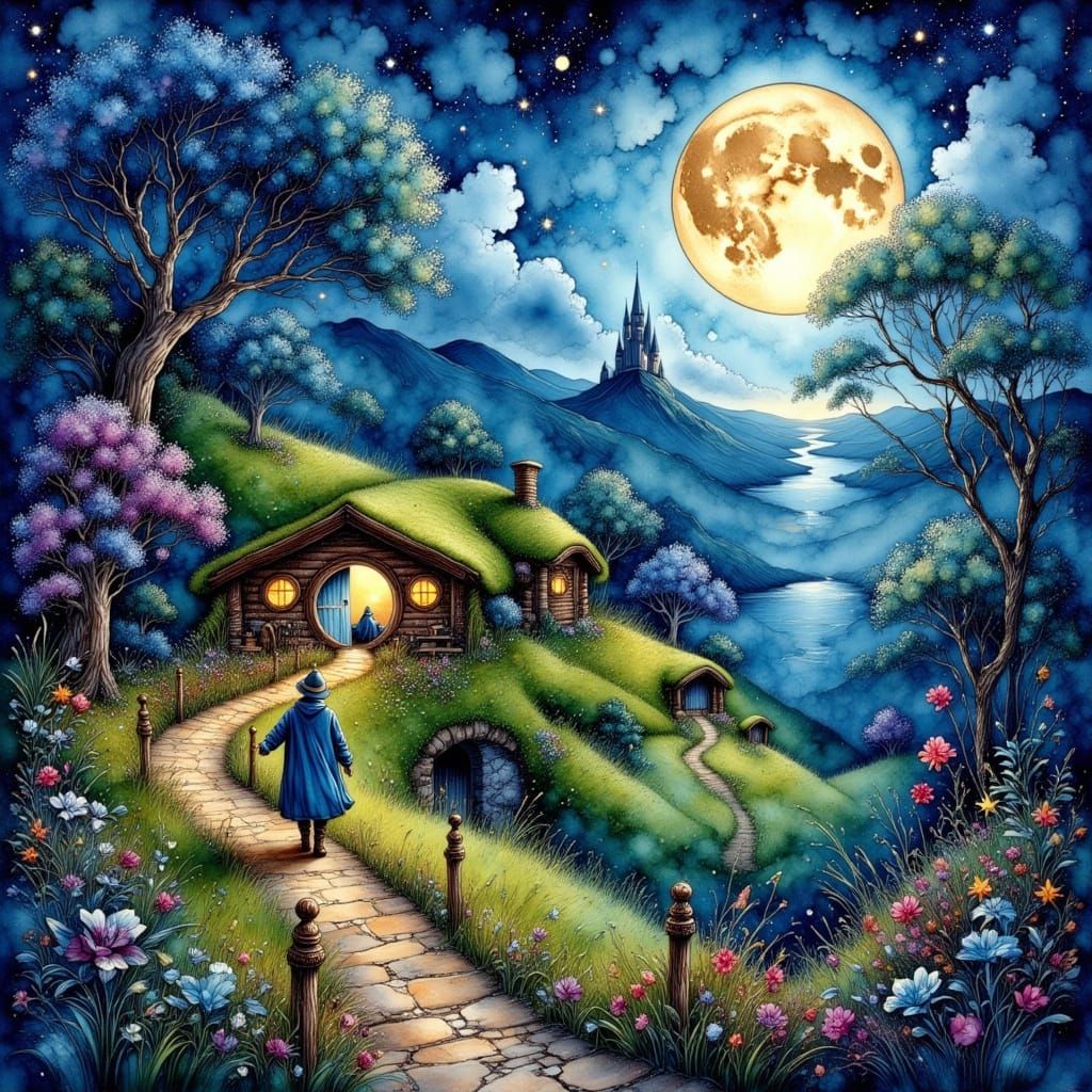 Enchanting Hobbit Village Under a Celestial Canvas