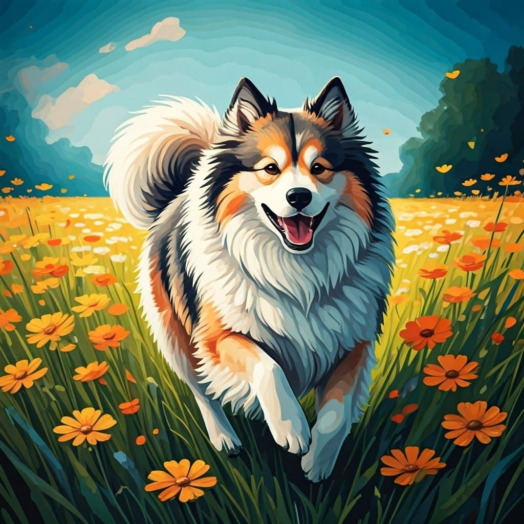 Joyful Dog Running Among Vibrant Wildflowers in Impressionis...