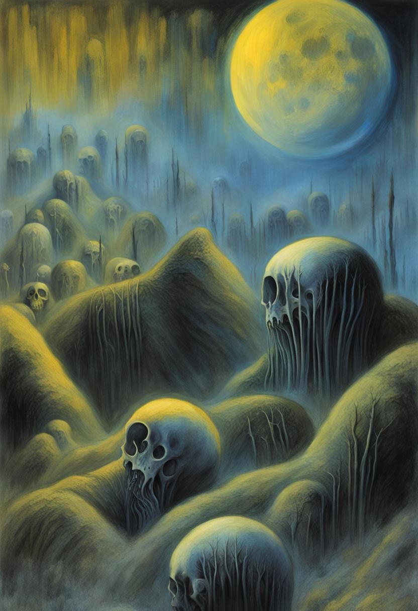 Eerie Surrealism: Dismembered Bodies Under Misty Moon