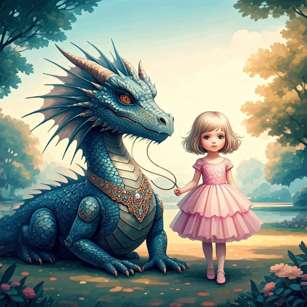 Whimsical Watercolor Portrait of Girl and Majestic Dragon