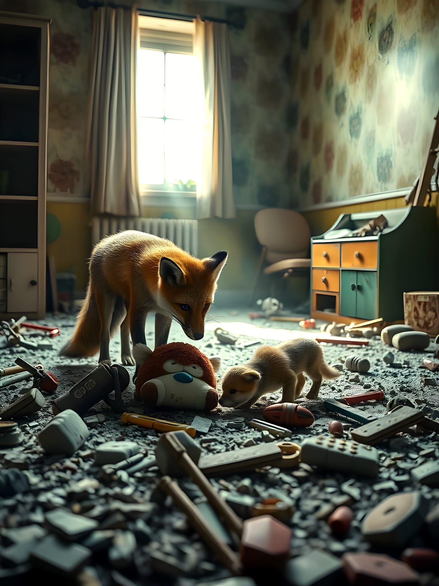 Abandoned Playroom Scene with Mother Fox and Kit