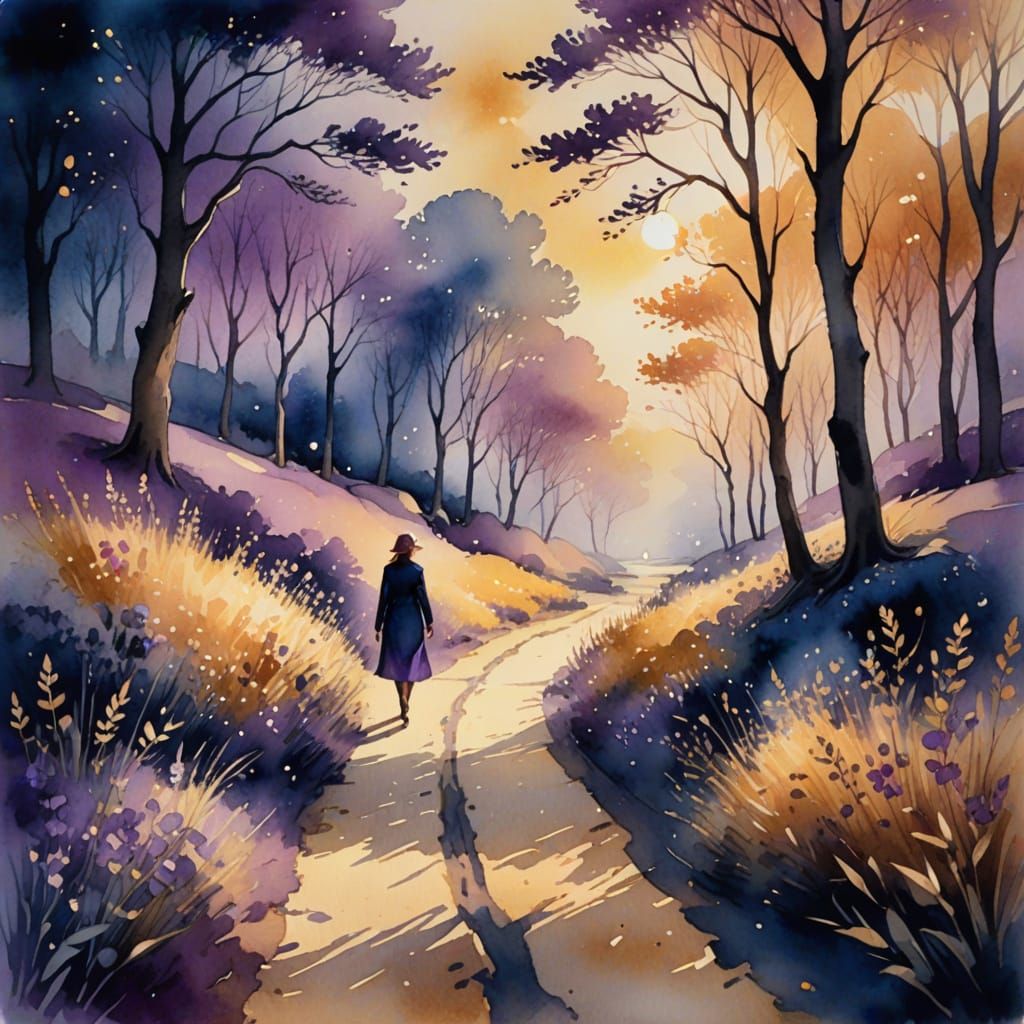 Whimsical Watercolor Path of Peace with Glowing Light