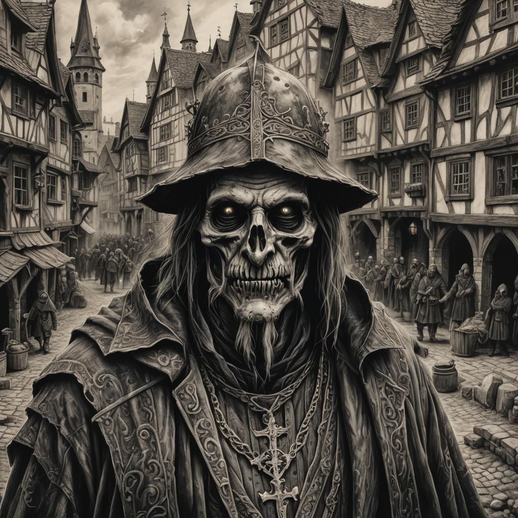 Undead Mayor in Shadow-Corrupted Town: Charcoal Drawing