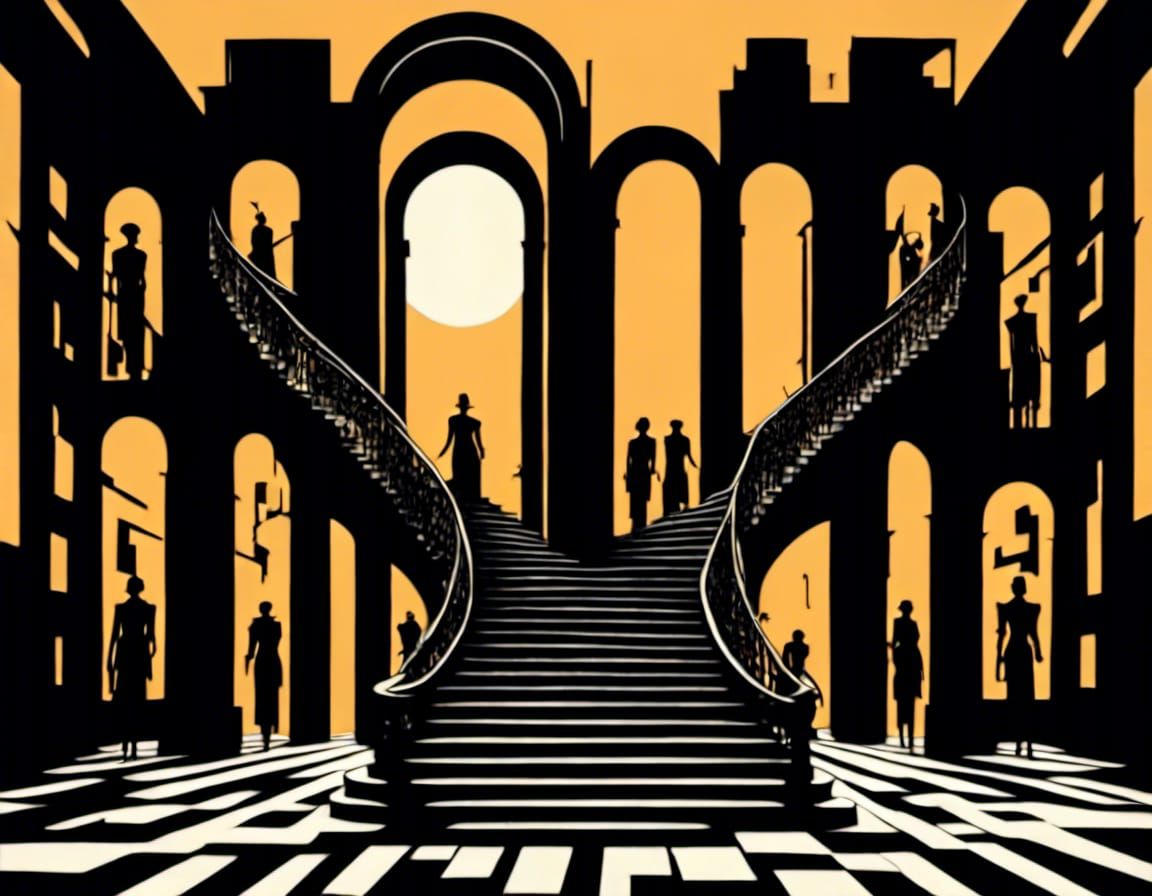 Dystopian Stairway with Androids and Golden Sunset