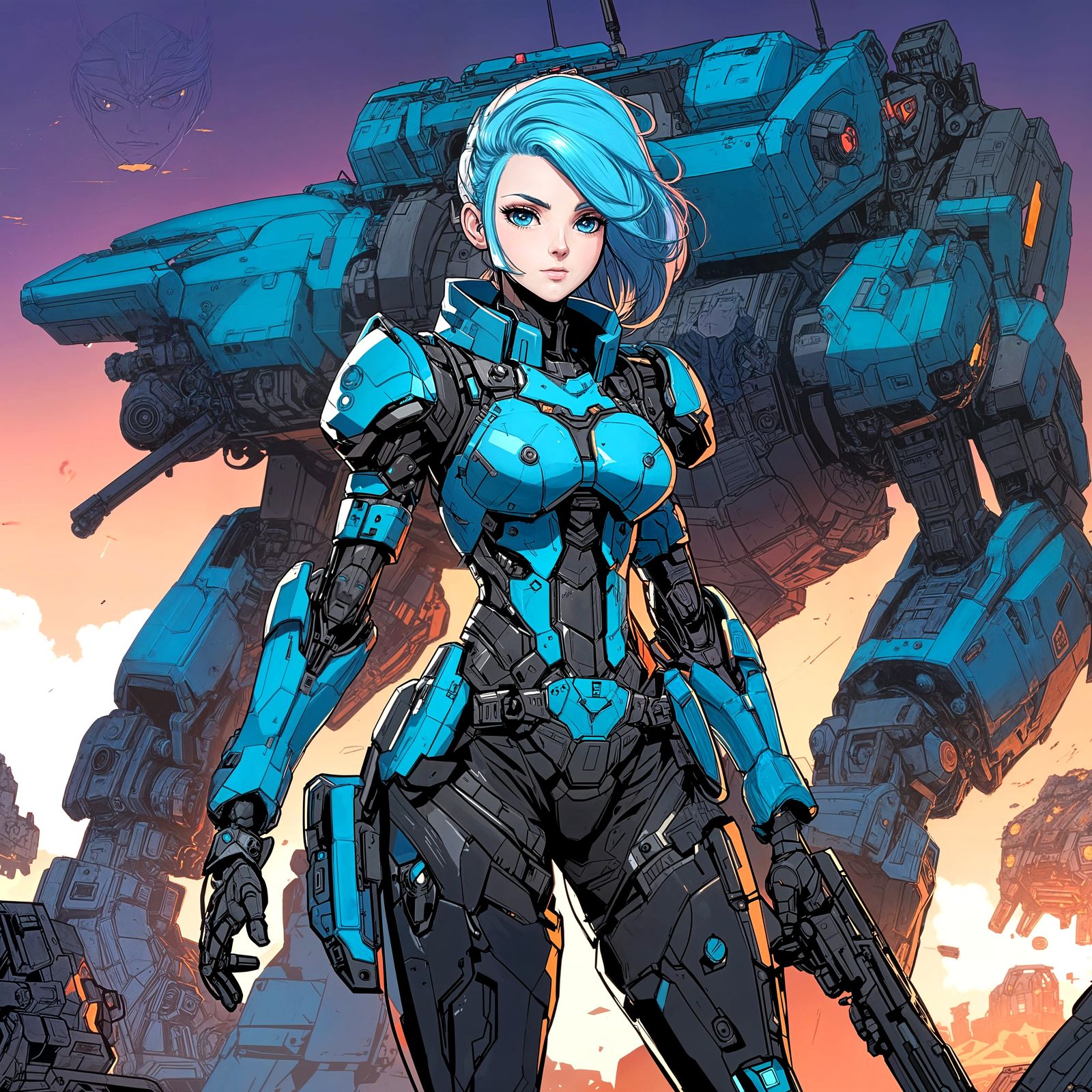 Anime Warrior with Battlemech in Cel-Shaded Style