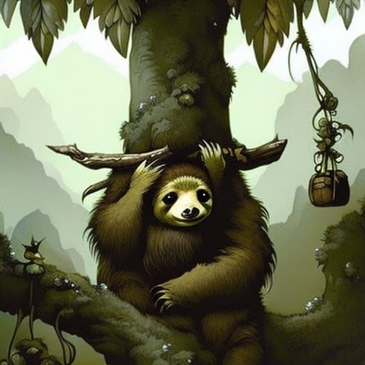 Sloth Hanging from Branch in Fantasy Illustration Style