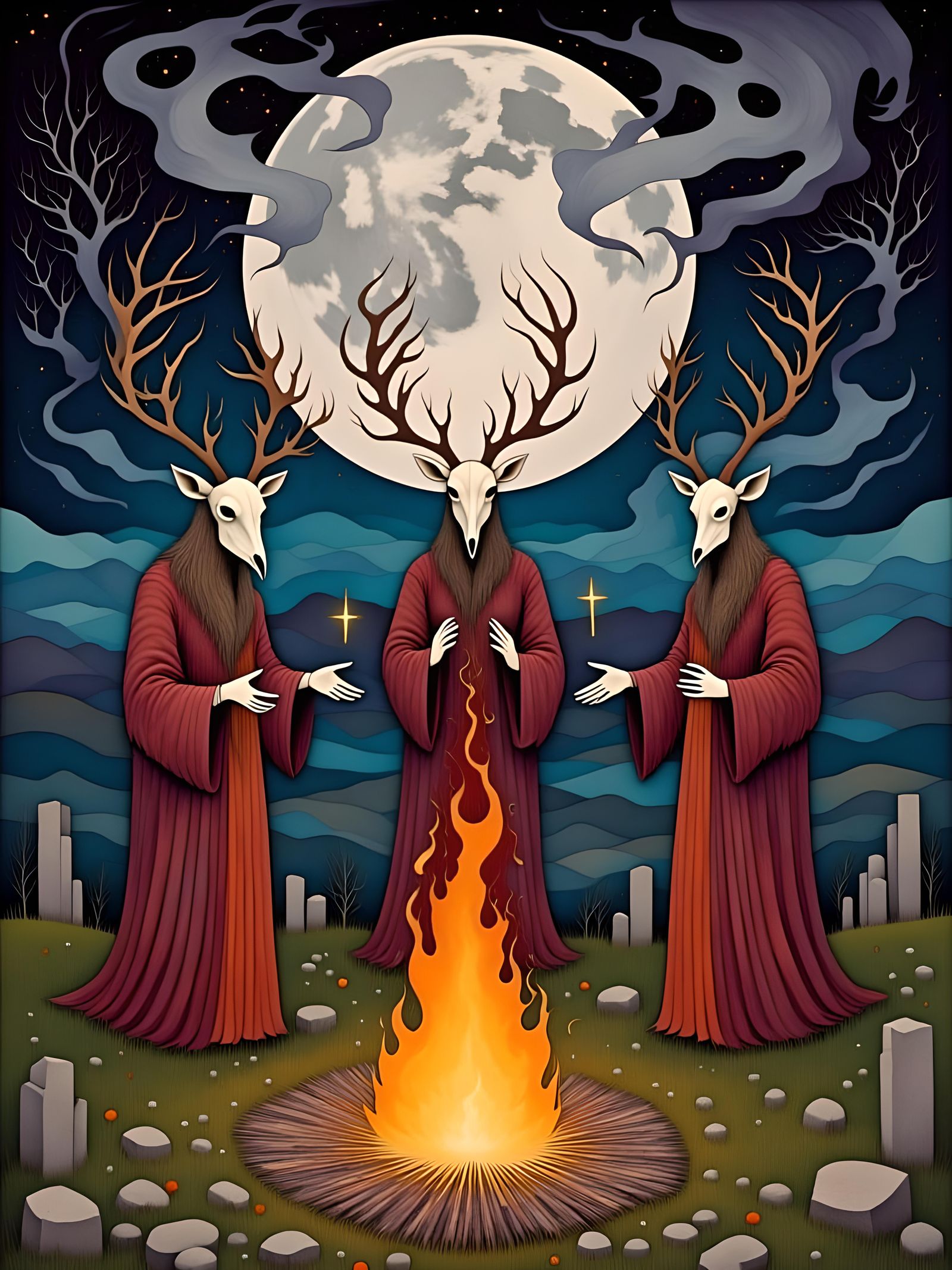 Mystical Druids Praying to the Moon