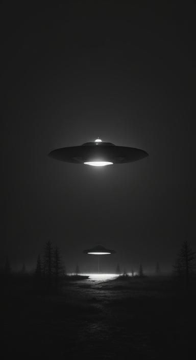Eerie Flying Saucer over Moonlit Forest in Film Noir