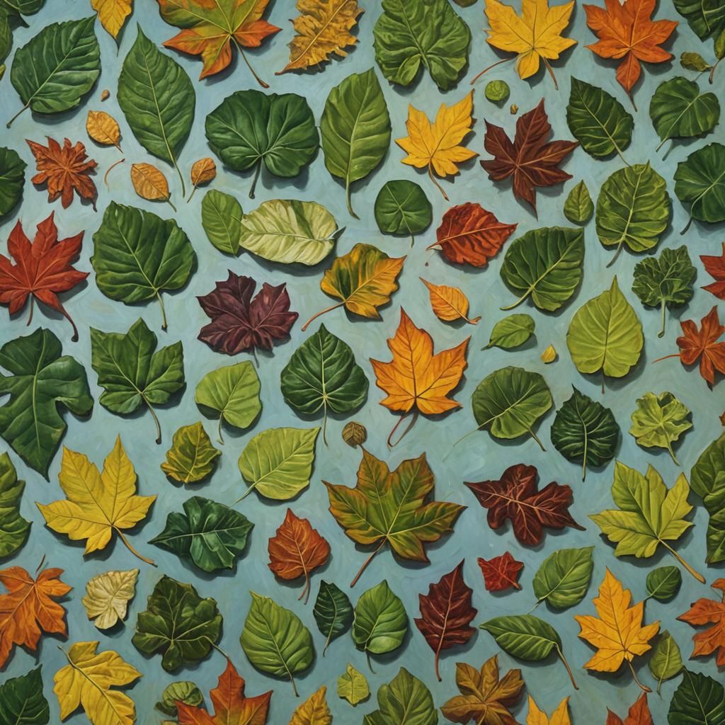 Botanical Oil Painting of Various Leaf Types