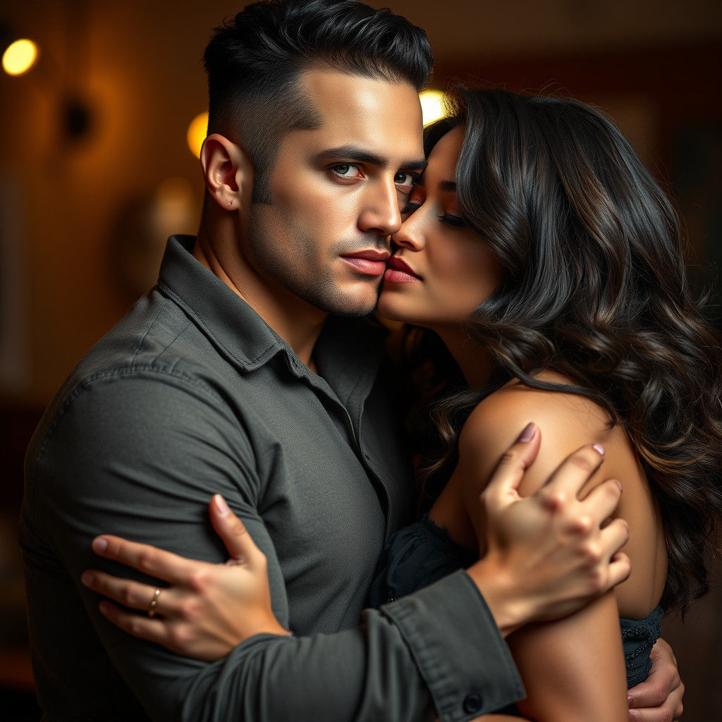 Voluptuous Woman Kisses Man in Hyperrealistic Portrait