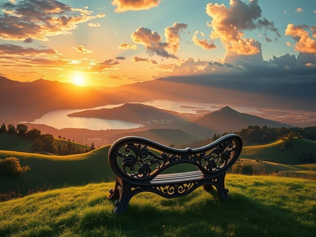 Whimsical Dreamy Heart-Shaped Bench in Lush Landscape