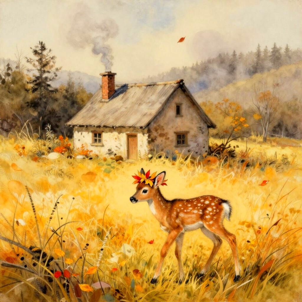 Fawn in Autumn Meadow Watercolor-Gouache Painting
