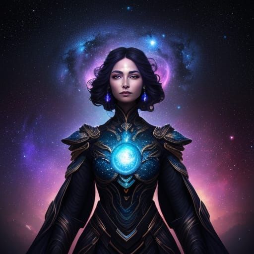 Cosmic Woman of Stars and Planets in Digital Painting Style