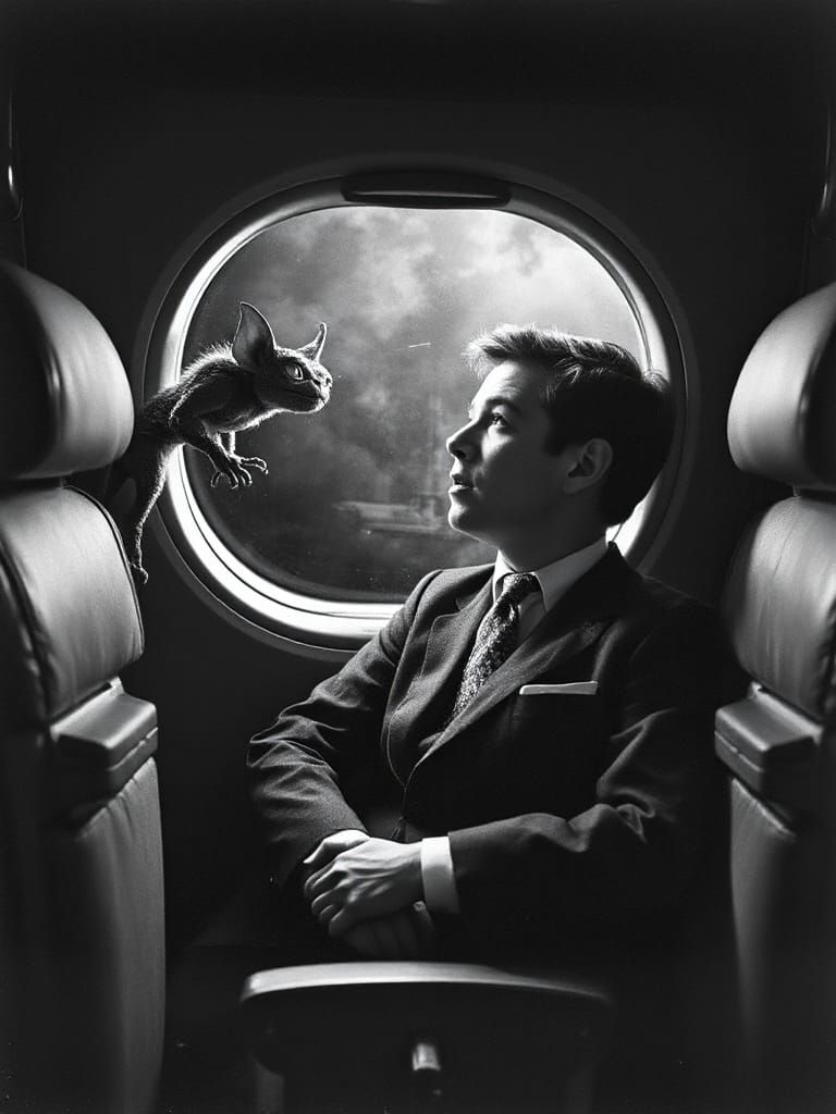 Vintage Airplane Gremlin Encounter in Film Noir Style